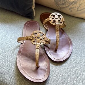 Tory Burch Brown and Gold Leather Sandals